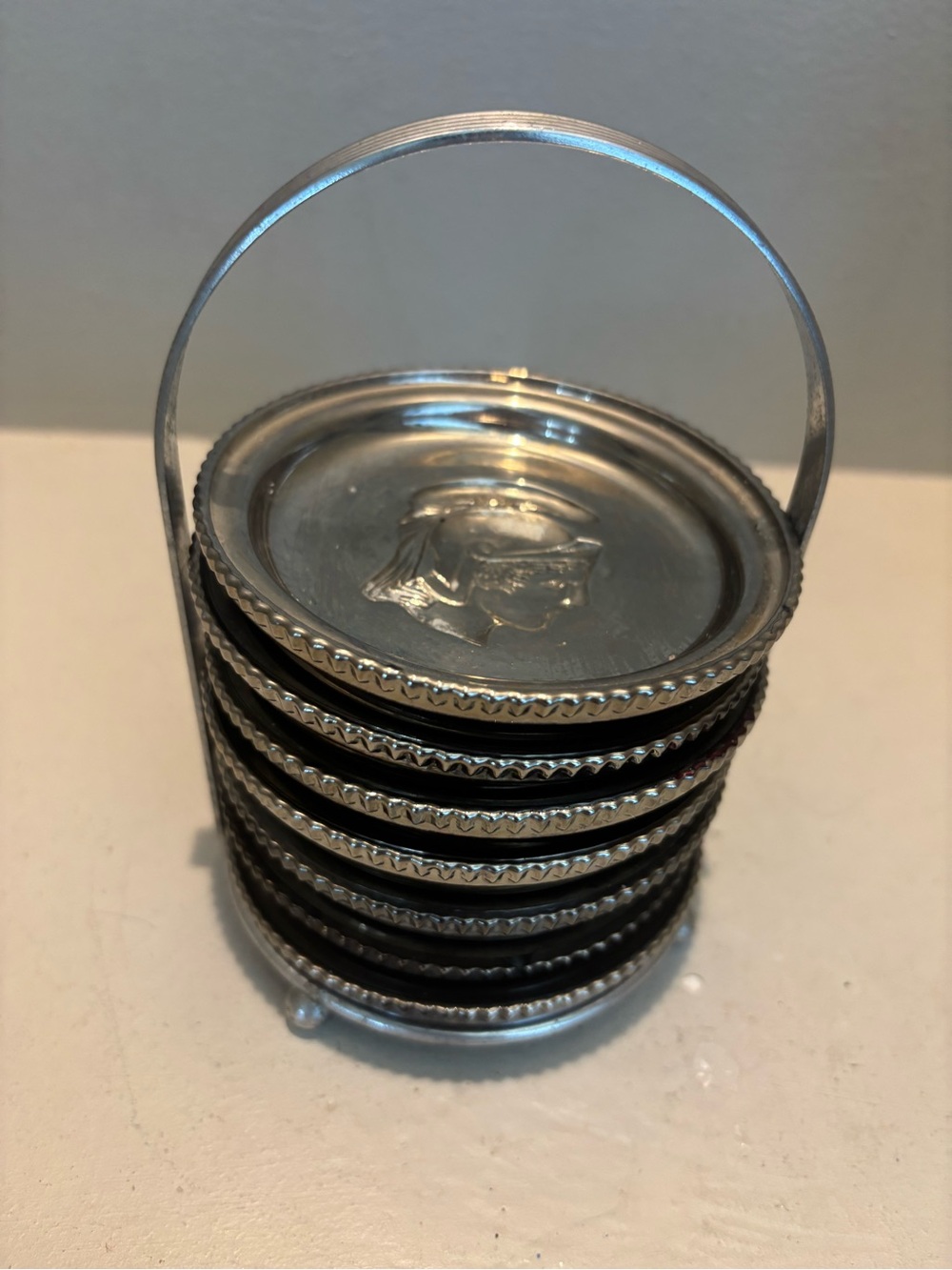 MCM Vintage Silver Tone mercury glass Roman solider drink coasters Mancave bar